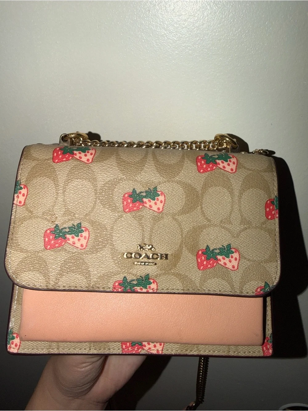 Coach Beige Signature Crossbody Bag with Pink Strawberry Print